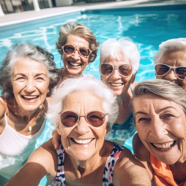 Selfie van een oudere vrouwengroep op vakantie bij het zwembad Genieten van pensioen en zomer in een groep vrienden