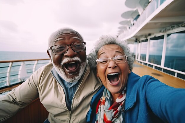 Foto selfie van een vakantie aan zee bejaard afro-amerikaans echtpaar