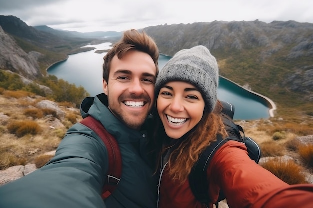 Selfie van een vrolijk en schattig ronddwalend stel Generatieve Ai