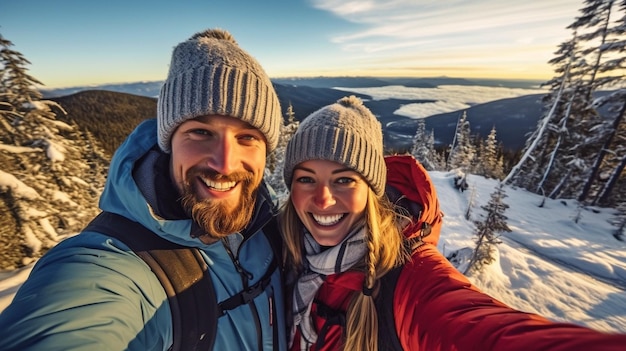 Selfie van een wandelend stel in de bergen tijdens de winter The Genative AI