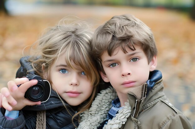 Foto selfie van kinderen die naar de camera kijken.