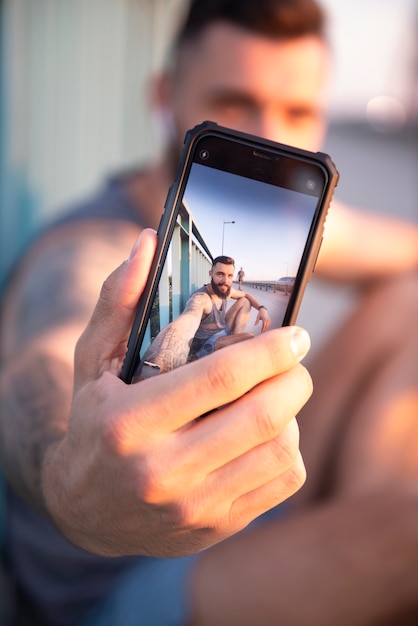 Selfie with a smart phone during the outdoor training