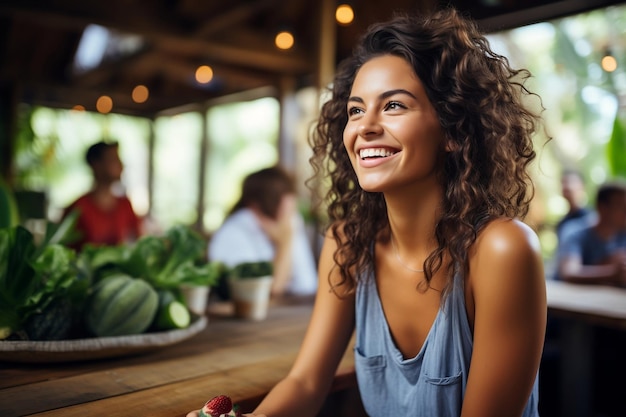 Foto selfie di una donna che si gode il pasto generative ai