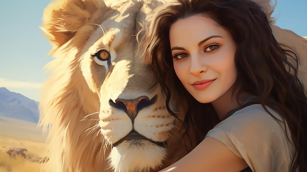 Photo selfie of a woman and her lion