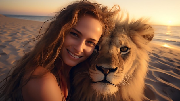 Foto selfie di una donna e il suo leone