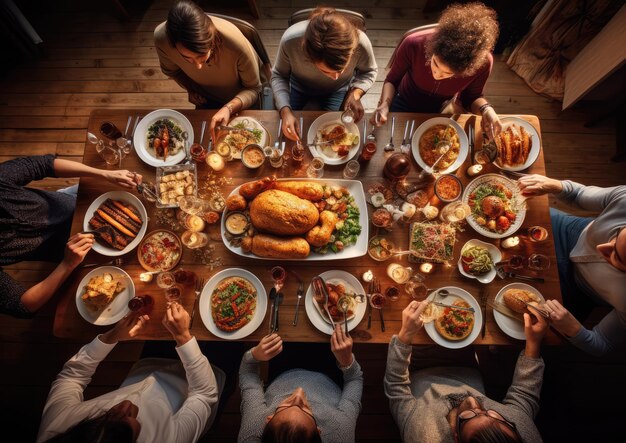 A selfiestyle shot of a Thanksgiving dinner table capturing the joyous expressions of family and f