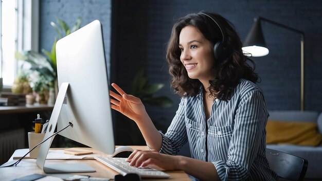 Photo selfquarantine personal growth and development concept smiling woman working with computer remote h