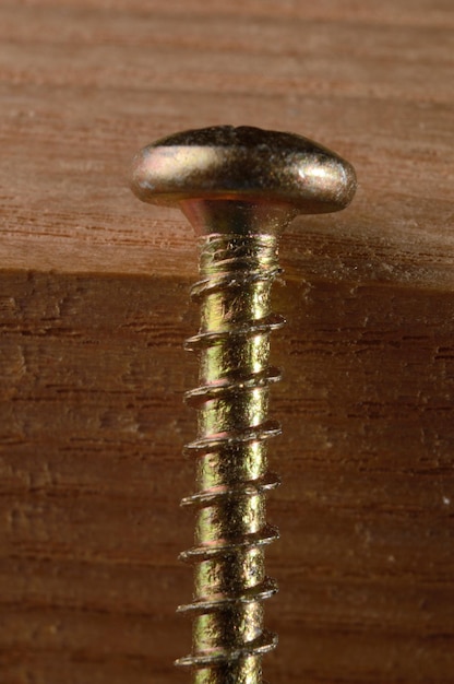 Photo selftapping screws on the background of a wooden board closeup