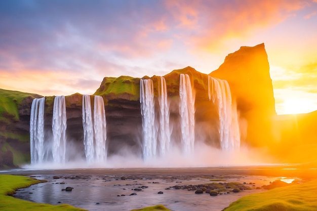 일몰 동안 Seljalandsfoss 폭포 아이슬란드의 아름다운 폭포