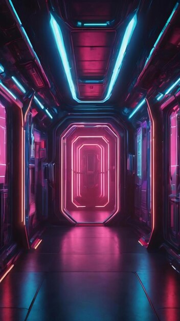 Semi dark empty hallway of spaceship with neon illumination