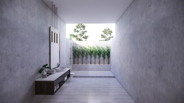 Semi outdoor toilet with small bamboo plants in the villa