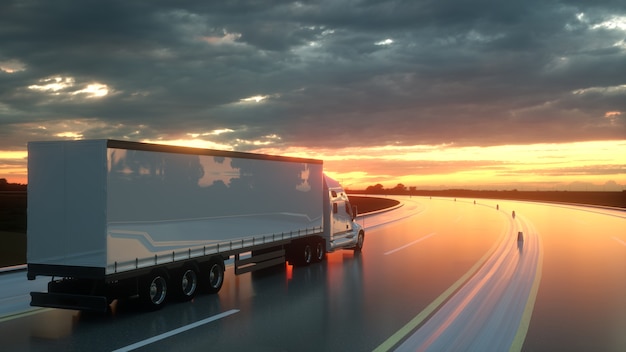 Photo semi trailer on asphalt road highway at sunset  transportation background