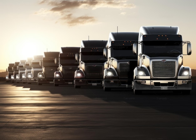 Semi Trailer Trucks de parkeerplaats bij The Sunset Sky Delivery Trucks Cargo Shipping Lorry Industry Freight Truck Logistics Cargo Transport Auto Service Shop gecreëerd met Generative AI technologie