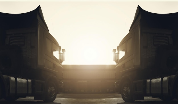 Semi trailer trucks parked lot at the warehouse with the sunset\
freight trucks cargo transport