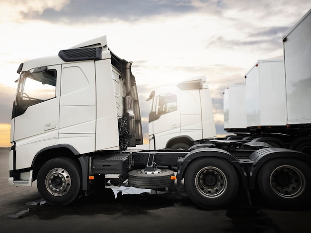 Semi trailer trucks parked lot with the sunset sky diesel truck
freight truck logistics transport