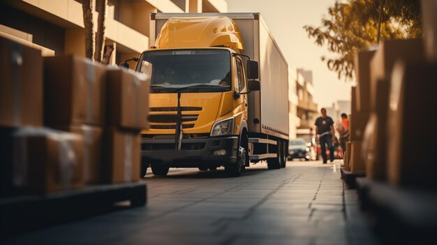 Foto autocarri con semirimorchio in parcheggio presso il magazzino di distribuzione con le ruote del camion sunset