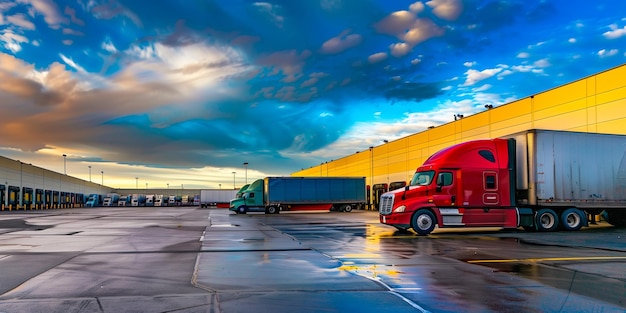 Semi-trailers op de parkeerplaats vrachtwagens die in het havenopslaghuis worden geladen