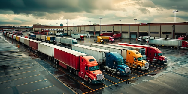 Foto semi-trailers op de parkeerplaats vrachtwagens die worden geladen in het dokopslaghuis