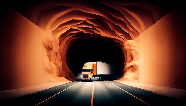 Фото semi truck на скорости в tunnel generative ai