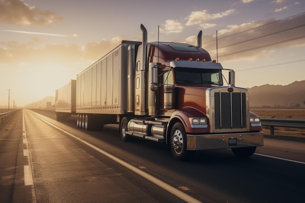 A semi truck delivering cargo containers in a row