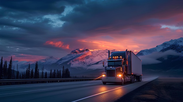 A semi truck drives on a road at dusk