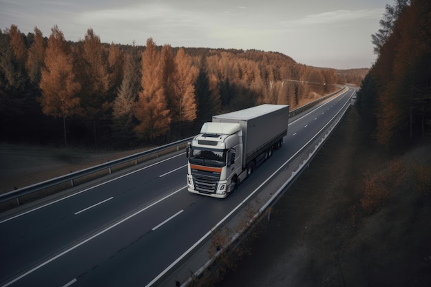 夕暮れ時に人気のない高速道路を走るセミトラックは、何マイルも続く唯一の乗り物であり、一般道路における自由の象徴である AI ジェネレーティブ