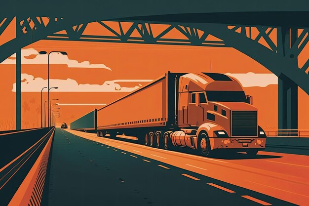 Semi truck driving under a bridge on a highway Generative AI