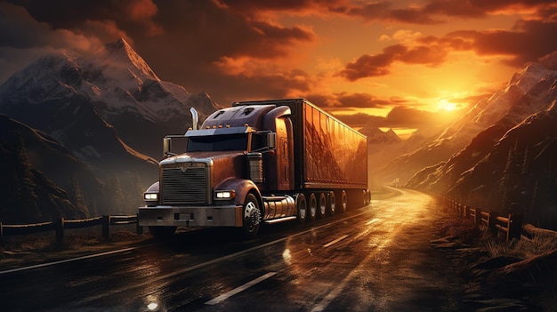 semi truck driving down a highway at sunset generative AI