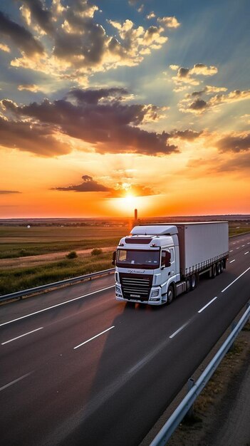 Photo a semi truck driving down a highway at sunset