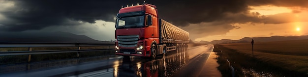 Semi truck driving down a rain soaked road Transportation in rainy day Panoramic image