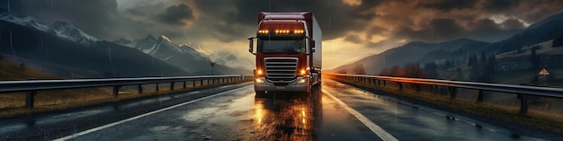 Semi truck driving down a rain soaked road Transportation in rainy day Panoramic image