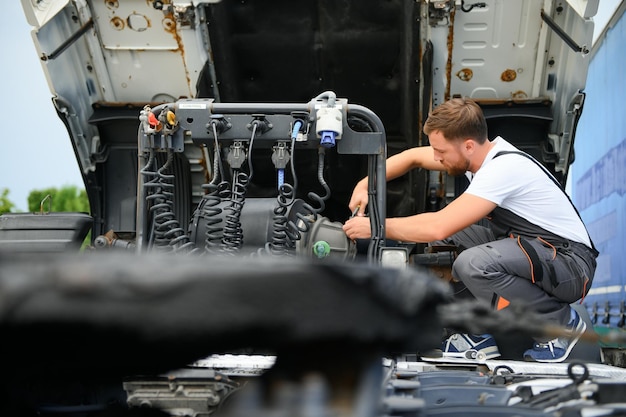 Semi truck maintenance caucasian truck service worker in his 30s performing scheduled recall maintenance