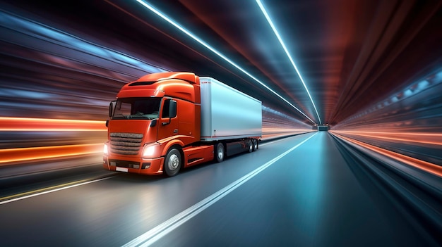 Semi Truck at speed in tunnel Created with Generative AI technology