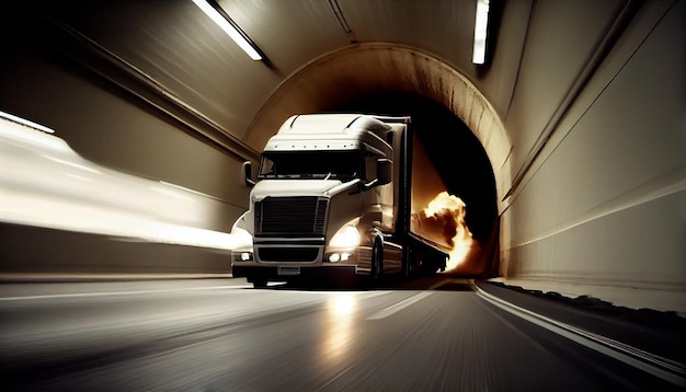 Semi Truck at Speed in Tunnel Generative AI