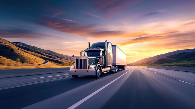 Photo semi truck speeding on interstate at sunset