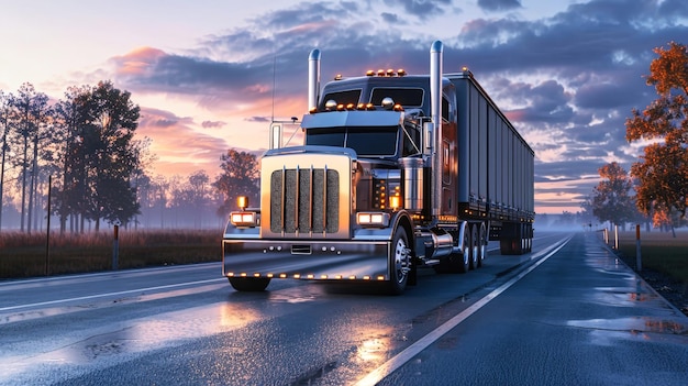 A semi truck with a cargo semitrailer driving down a wet road during rainy weather