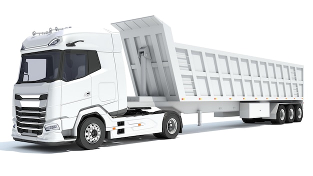 Semi truck with tipper trailer d rendering on white background