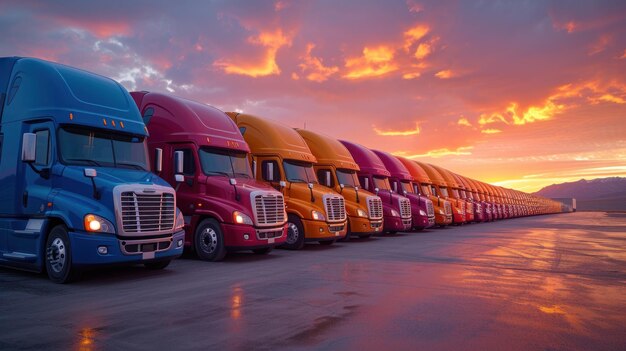 Semi-trucks in de rij bij zonsondergang op een geplaveide terrein