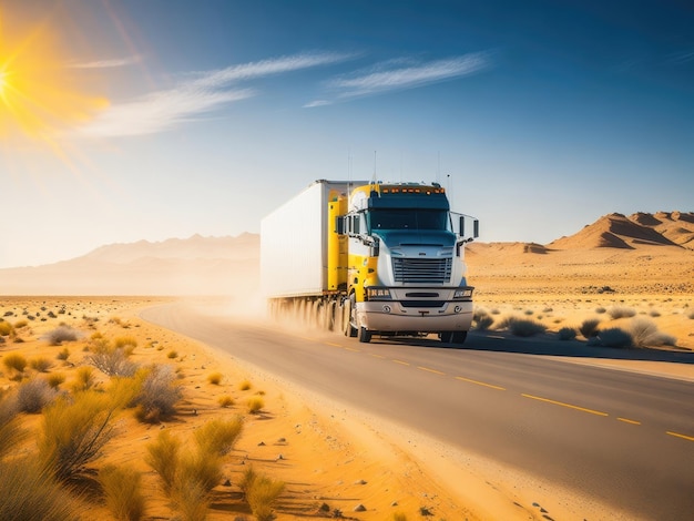 Semi-vrachtwagen rijdt snel op lange weg en is generatief