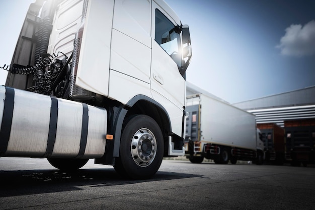 Semi-vrachtwagens geparkeerd bij distributiemagazijn Verzending Vrachtvrachtwagens Transportlogistiek