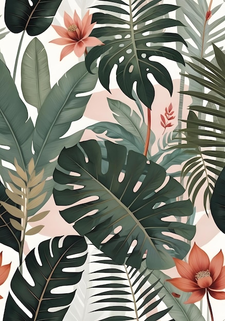 semiabstract botanical painting soft muted colors palm leaves and other plant forms jungle inspi