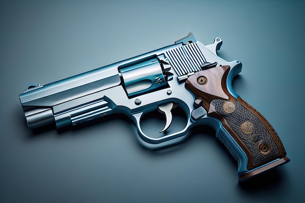 Semiautomatic handgun on a solid color background Closeup ai generative