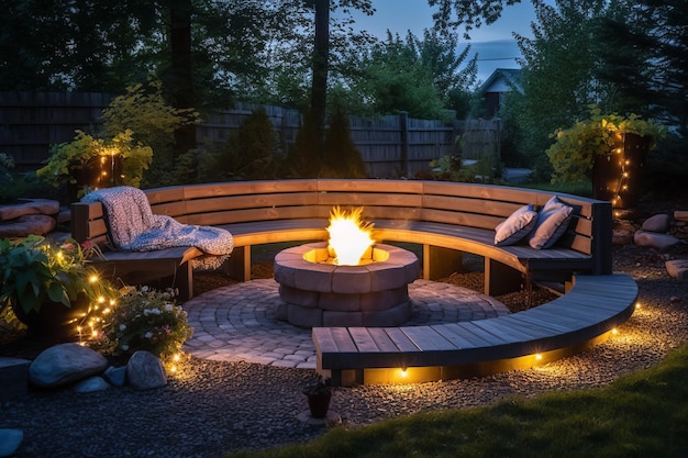 Semicircular bench round fire furniture Generate Ai