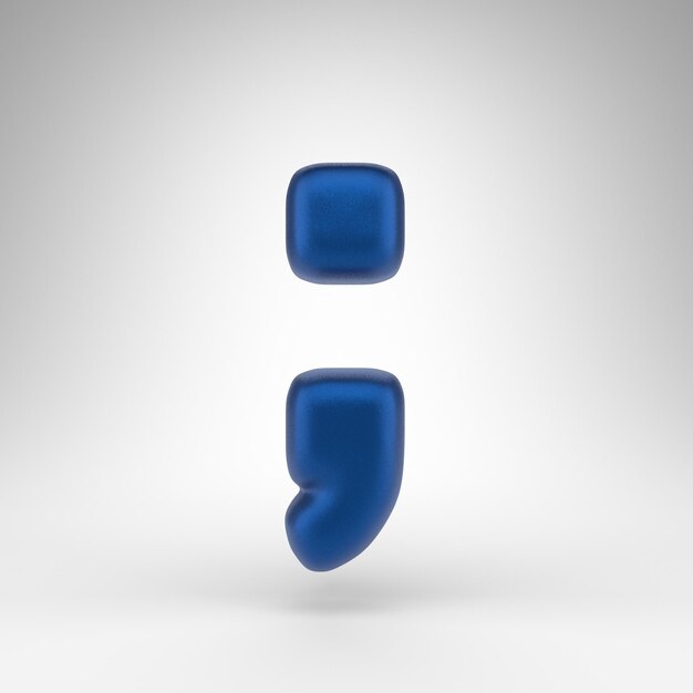 Semicolon symbol on white background. Anodized blue 3D rendered sign with matte texture.