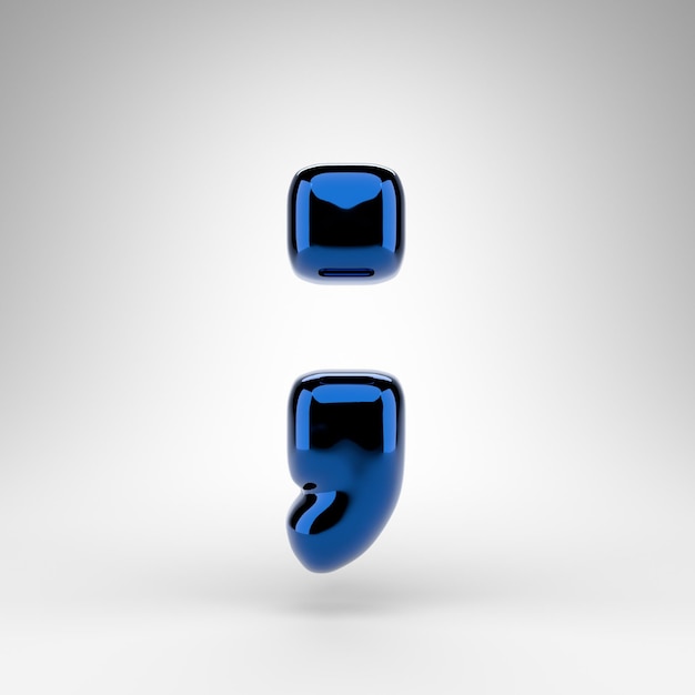 Semicolon symbol on white background. Blue chrome 3D rendered sign with glossy surface.