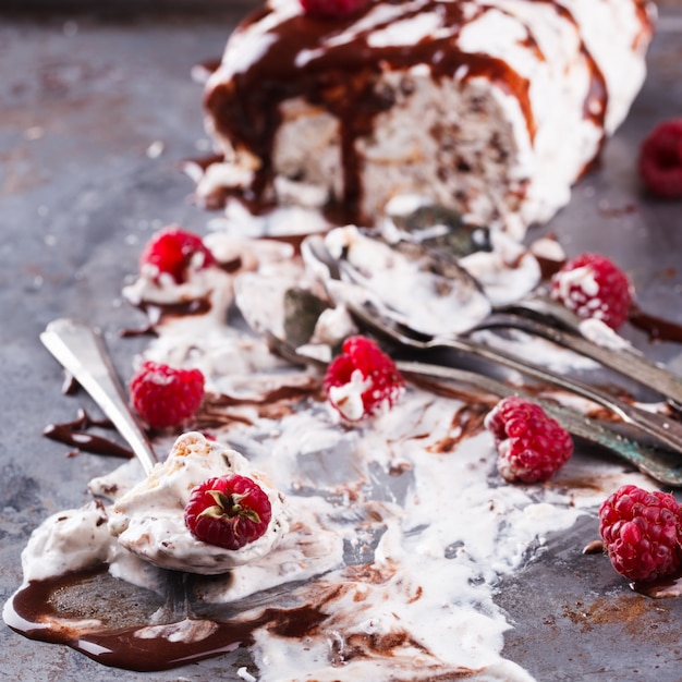 Semifreddo with meringue, raspberries. Summer sweet Dessert.