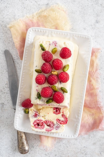 Semifreddo with raspberry and pistachios