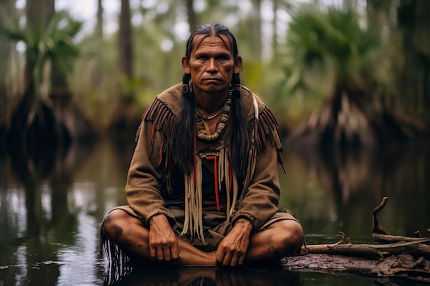 Foto seminole man poseert in de moerassen van florida