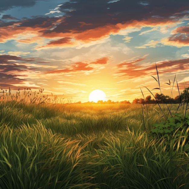 Semirealistic Grass Sunset Animeinspired Hyperrealistic Illustration
