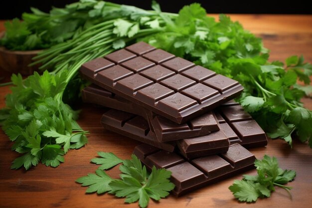 Photo semisweet chocolate with fresh cilantro